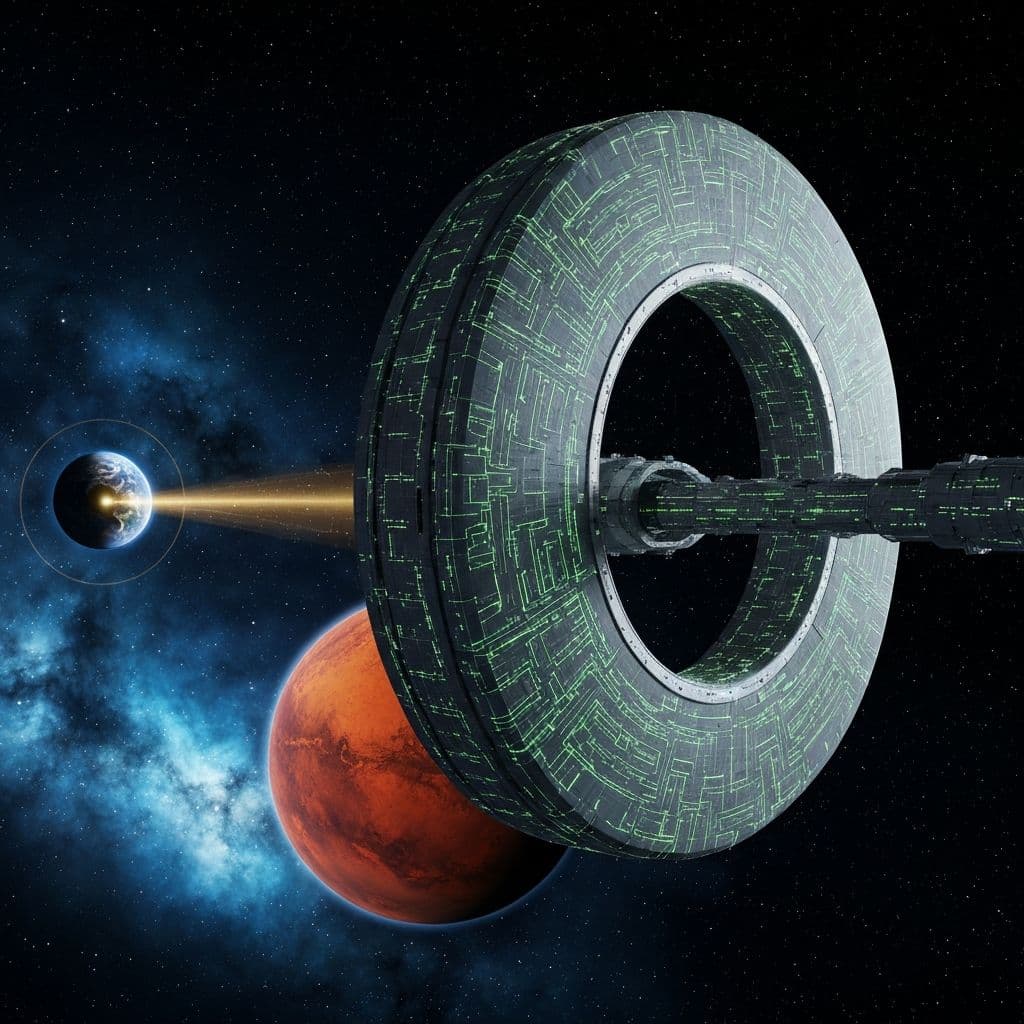Futuristic space station with quantum portal ring orbiting Mars, connected to Earth by golden quantum beam