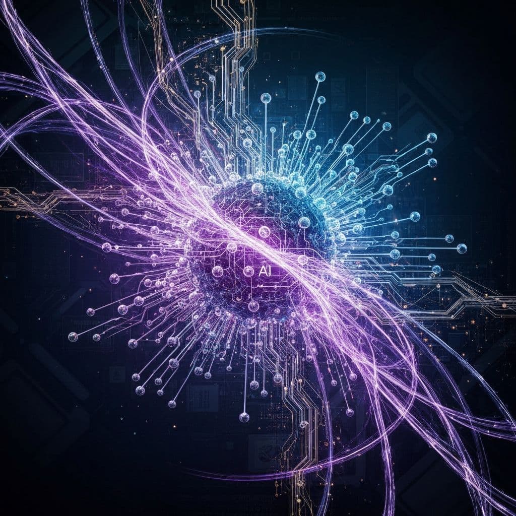 AI neural network merging with quantum entanglement, luminous interconnected nodes forming a brain-like structure in deep space