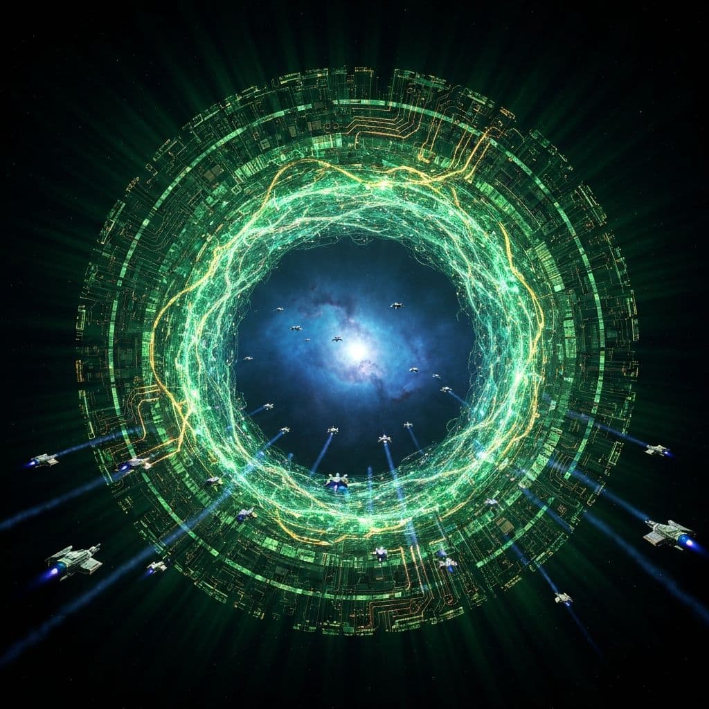 A massive quantum portal gateway in deep space with circuit-patterned architecture and nebula visible through the opening